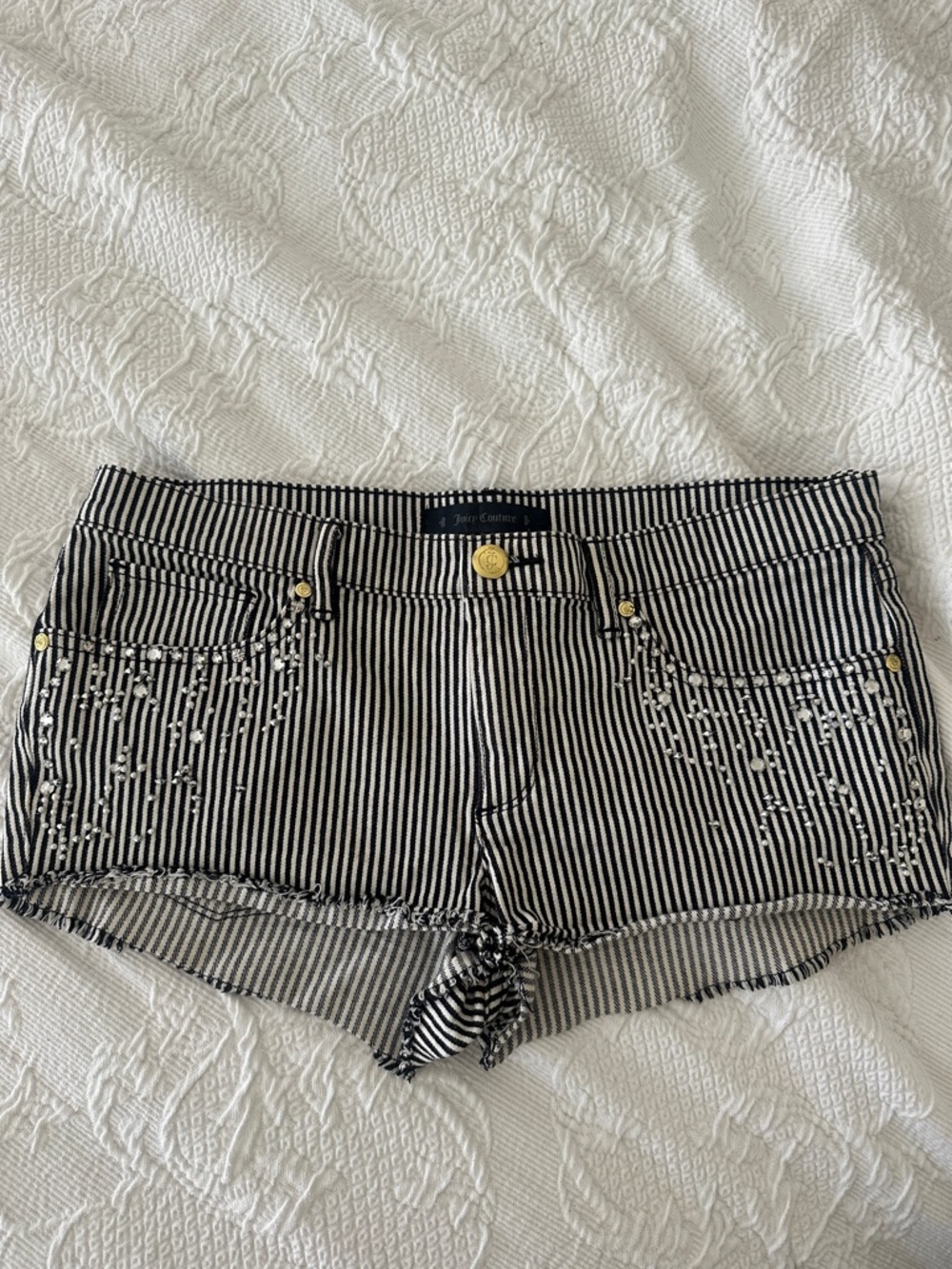 Juicy Couture Black & White Striped Embellished Jean Shorts